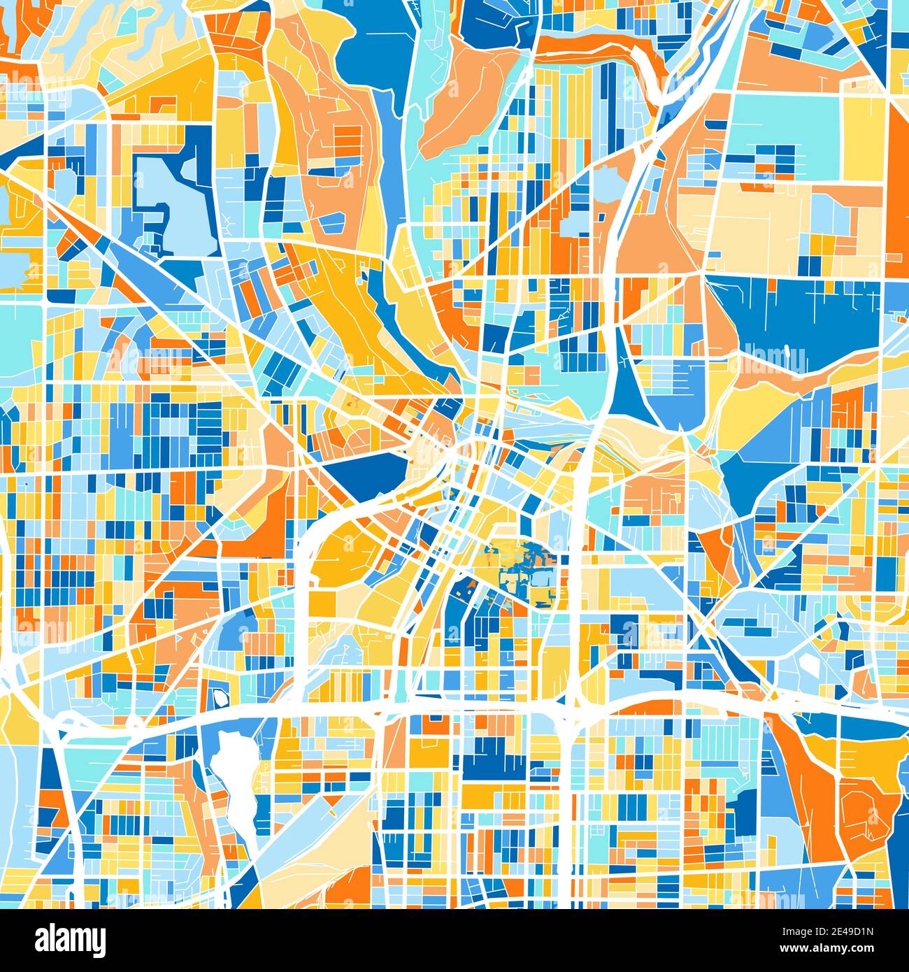 Carte d'art couleur d'Akron, Ohio, États-Unis dans le blues et l'orange. Les gradations de couleurs de la carte Akron suivent un motif aléatoire. Illustration de Vecteur