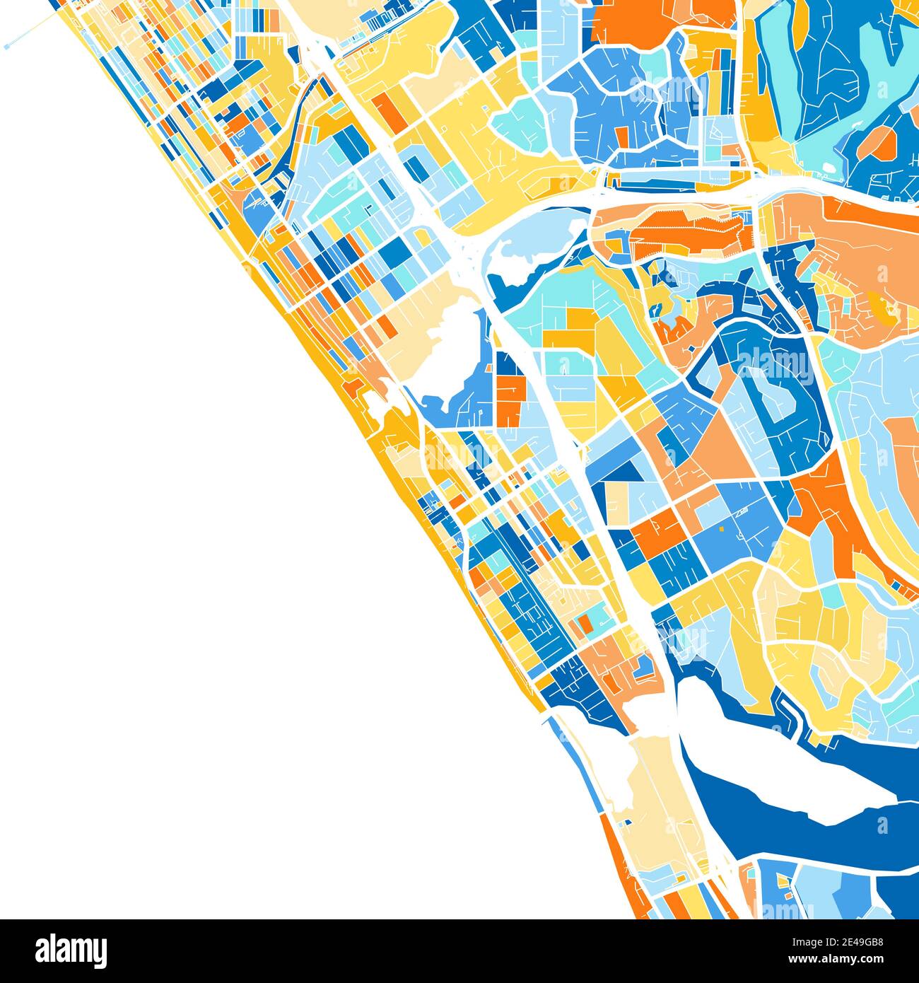 Carte d'art couleur de Carlsbad, Californie, Etats-Unis dans le blues et l'orange. Les gradations de couleurs de la carte Carlsbad suivent un motif aléatoire. Illustration de Vecteur
