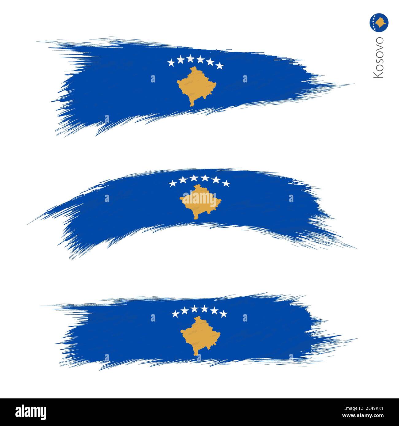 Ensemble de 3 drapeaux texturés de grunge du Kosovo, trois versions du drapeau national en traits de pinceau de style peint. Indicateurs vectoriels. Illustration de Vecteur