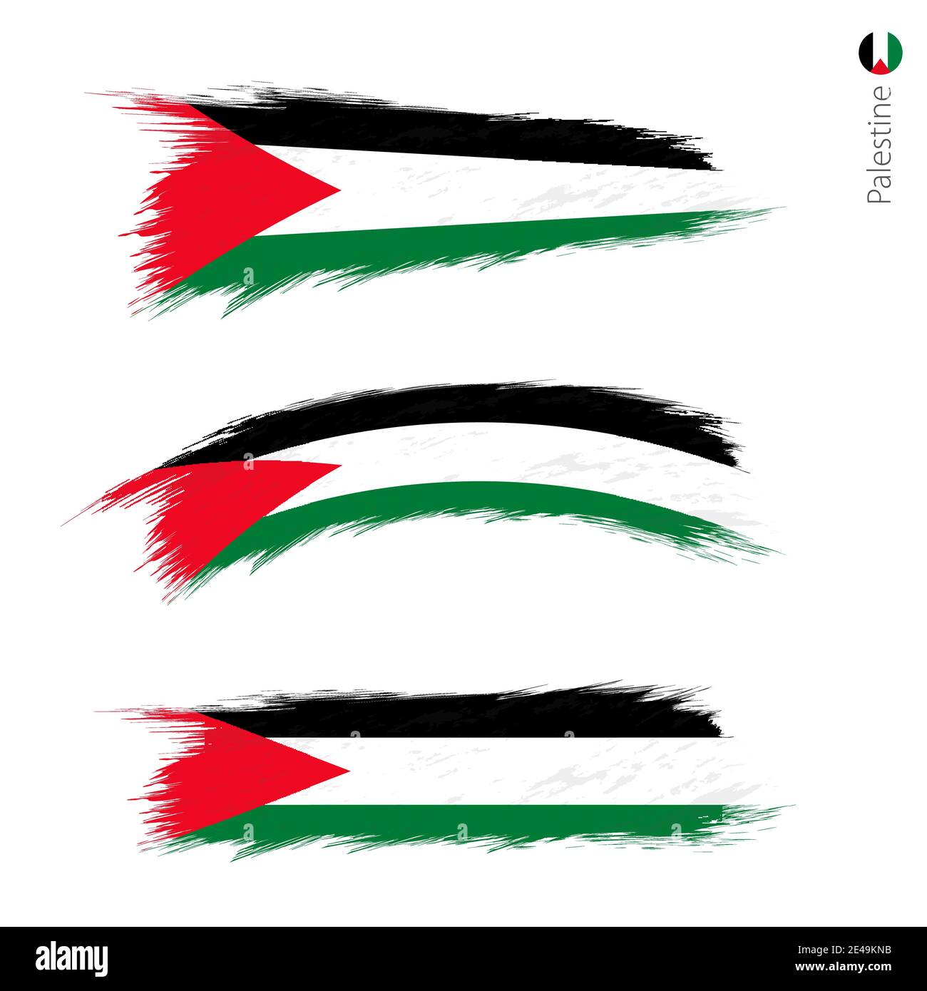 Ensemble de 3 drapeaux texturés de Palestine, trois versions du drapeau national en formes de pinceau de style peint. Indicateurs vectoriels. Illustration de Vecteur