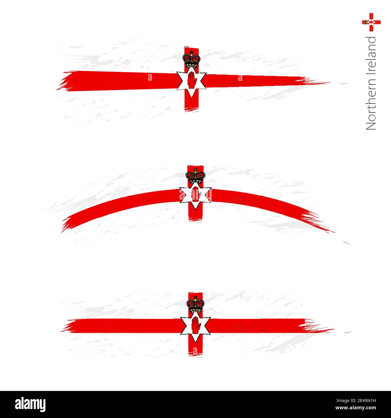 Ensemble de 3 drapeaux texturés grunge de l'Irlande du Nord, trois versions de drapeau national en formes de pinceau peint style. Indicateurs vectoriels. Illustration de Vecteur