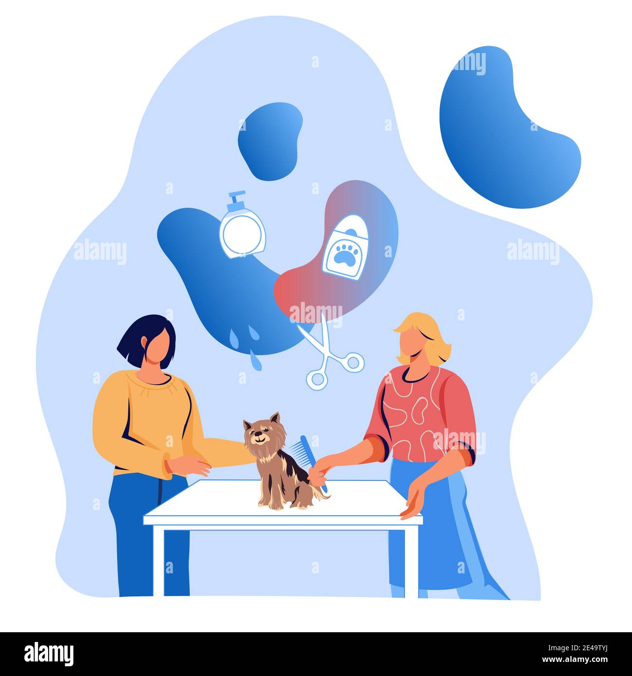 Bannière de service de lavage et de toilettage d'animaux avec des personnages de dessin animé de femmes faisant une coupe de cheveux tendance pour chien, illustration vectorielle plate isolée sur bac blanc Illustration de Vecteur
