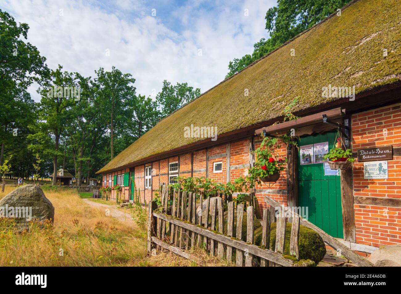 Wilsede, maison en toit de chaume de Heidemuseum (musée de Heath) DAT ole Huus (à gauche), une maison typique à pans de bois, Lüneburger Heide / Lüneburg Heath, Niedersachsen / Basse-Saxe, Allemagne Banque D'Images