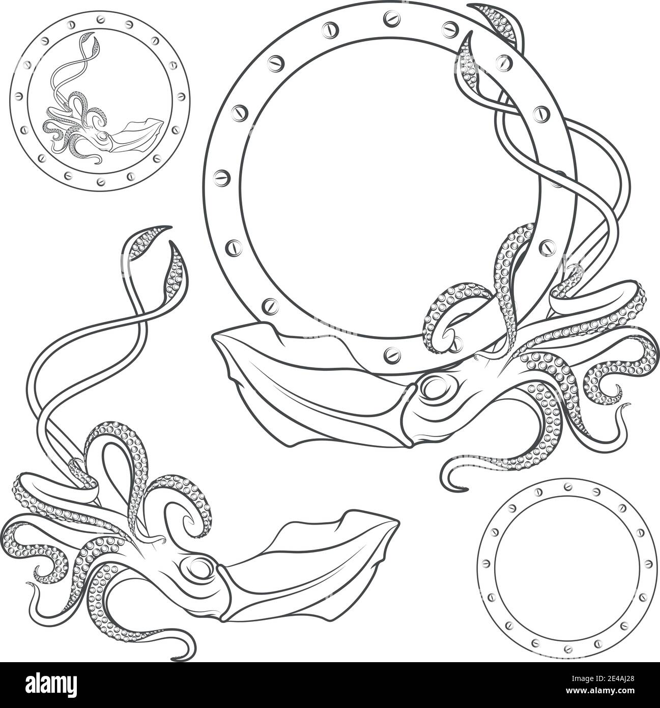 Ensemble d'illustrations en noir et blanc avec squid sur fond blanc. Illustration de Vecteur