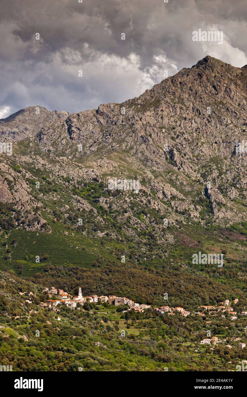 Vue panoramique sur une ville, Zilia, la Balagne, haute-Corse, Corse, France Banque D'Images