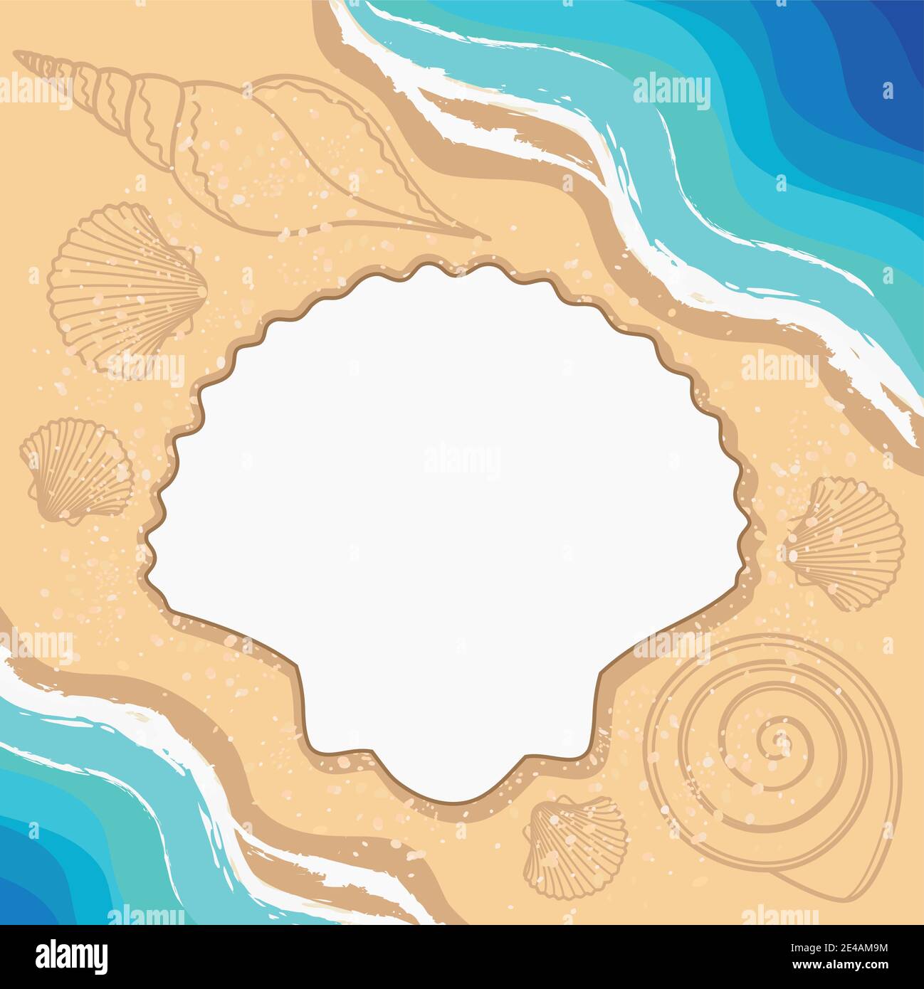 Arrière-plan d'été avec des coques, des vagues et un cadre pour votre texte. Illustration vectorielle. Illustration de Vecteur