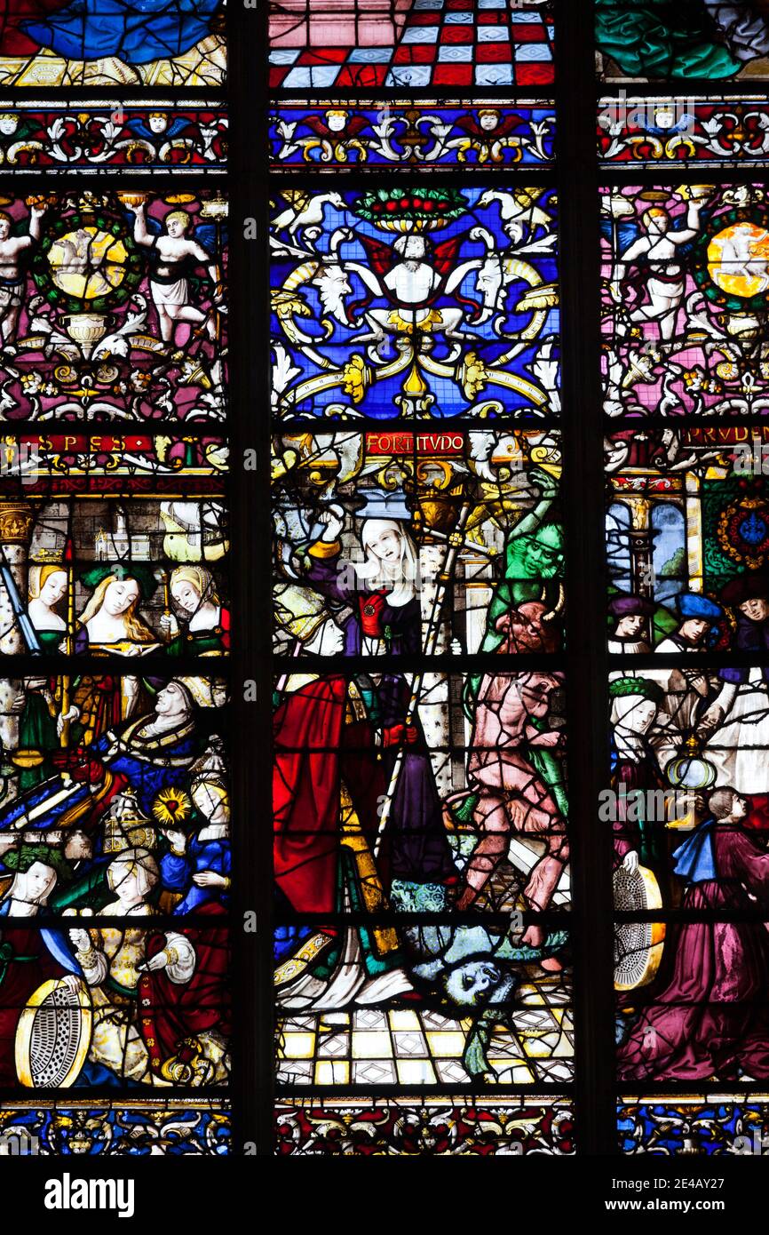 Vue à angle bas d'une vitrail d'une cathédrale, notre Dame de Paris, Rouen, département Seine-Maritime, Normandie, France Banque D'Images