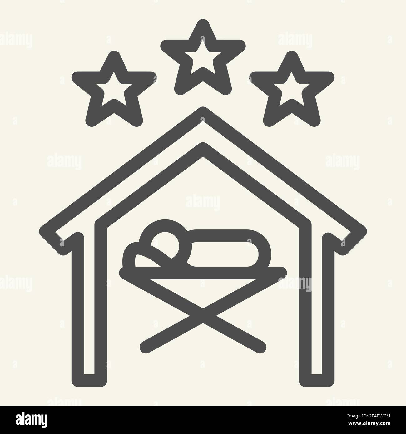 Icone De Ligne De Scene De Noel Naissance Du Christ Nuit Sainte Contour Style Pictogramme Sur Fond Blanc Bebe Jesus Se Trouve Dans La Mangeoire Sous Les Etoiles Pour Mobile Image Vectorielle