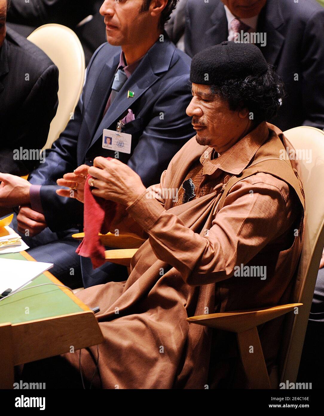 Le leader lybien, Moammar Gadhafi, assiste à la 64e Assemblée générale des Nations Unies à New York, NY, USA, le 23 septembre 2009. Photo par Olivier Douliery/ABACAPRESS.COM (en photo : Mouammar Kadhafi ) Banque D'Images