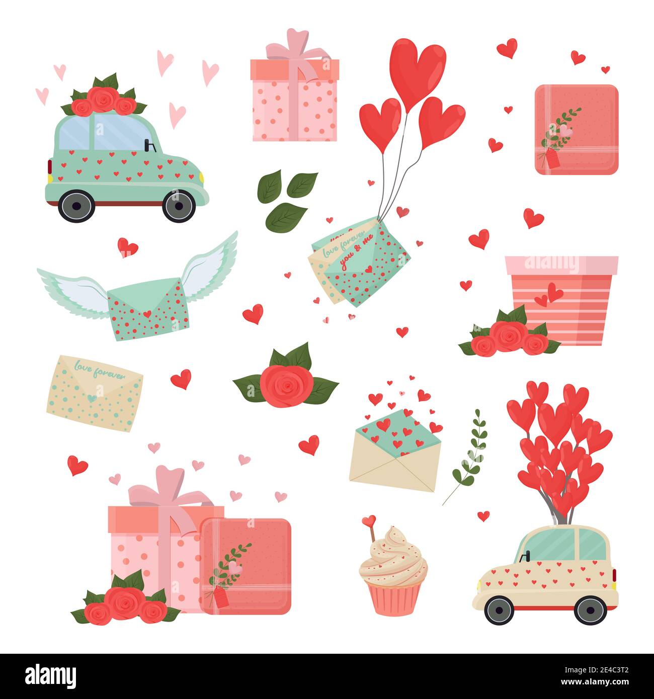 Saint-Valentin, romantique date ou amour ensemble dans le style plat. Lettres avec coeurs, roses, cadeaux mignons, voiture, cupcake isolé sur fond blanc. Design elem Illustration de Vecteur