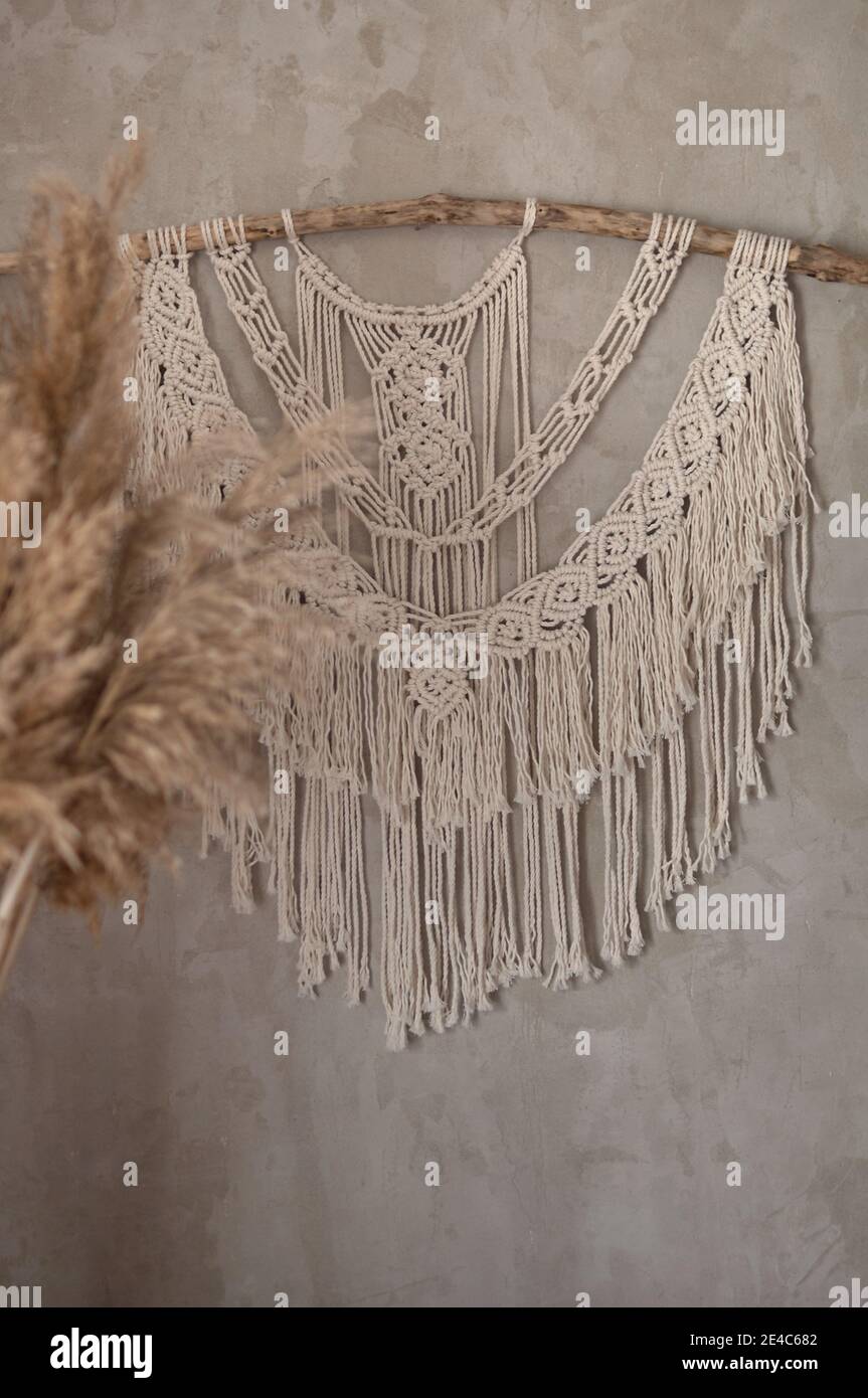 bouquet de plante de roseau sur le fond d'un gris mur en béton avec macrame fait à la main Banque D'Images