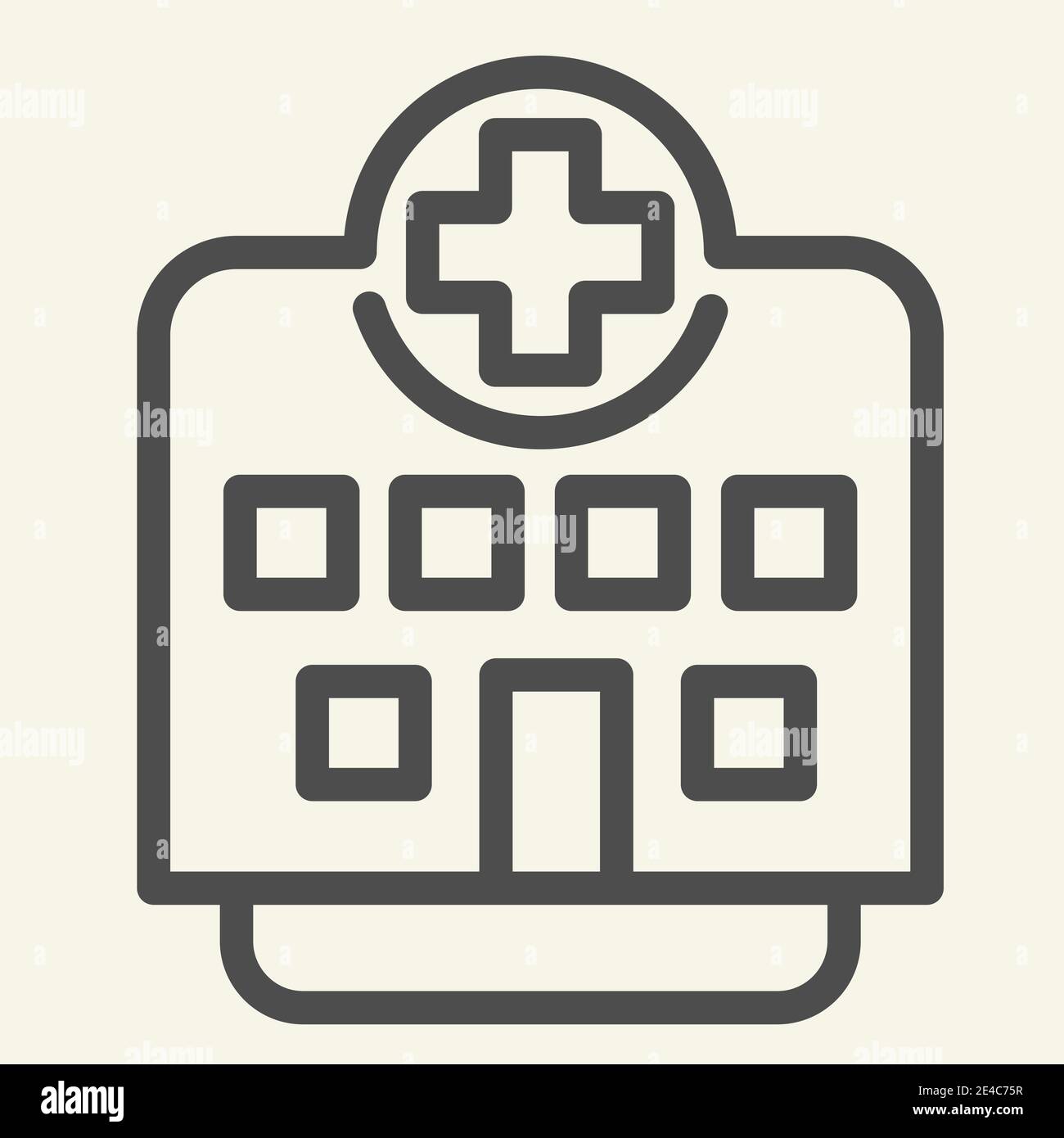 Icône de la ligne clinique. Pictogramme de style contour de bâtiment hospitalier sur fond blanc. Institution médicale avec croix sur le dessus pour le concept mobile et le Web Illustration de Vecteur