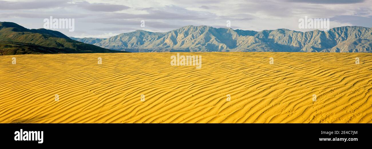 Dunes de sable dans un désert avec une chaîne de montagnes en arrière-plan, Santa Rosa Mountains, Anza Borrego Desert State Park, Californie, États-Unis Banque D'Images