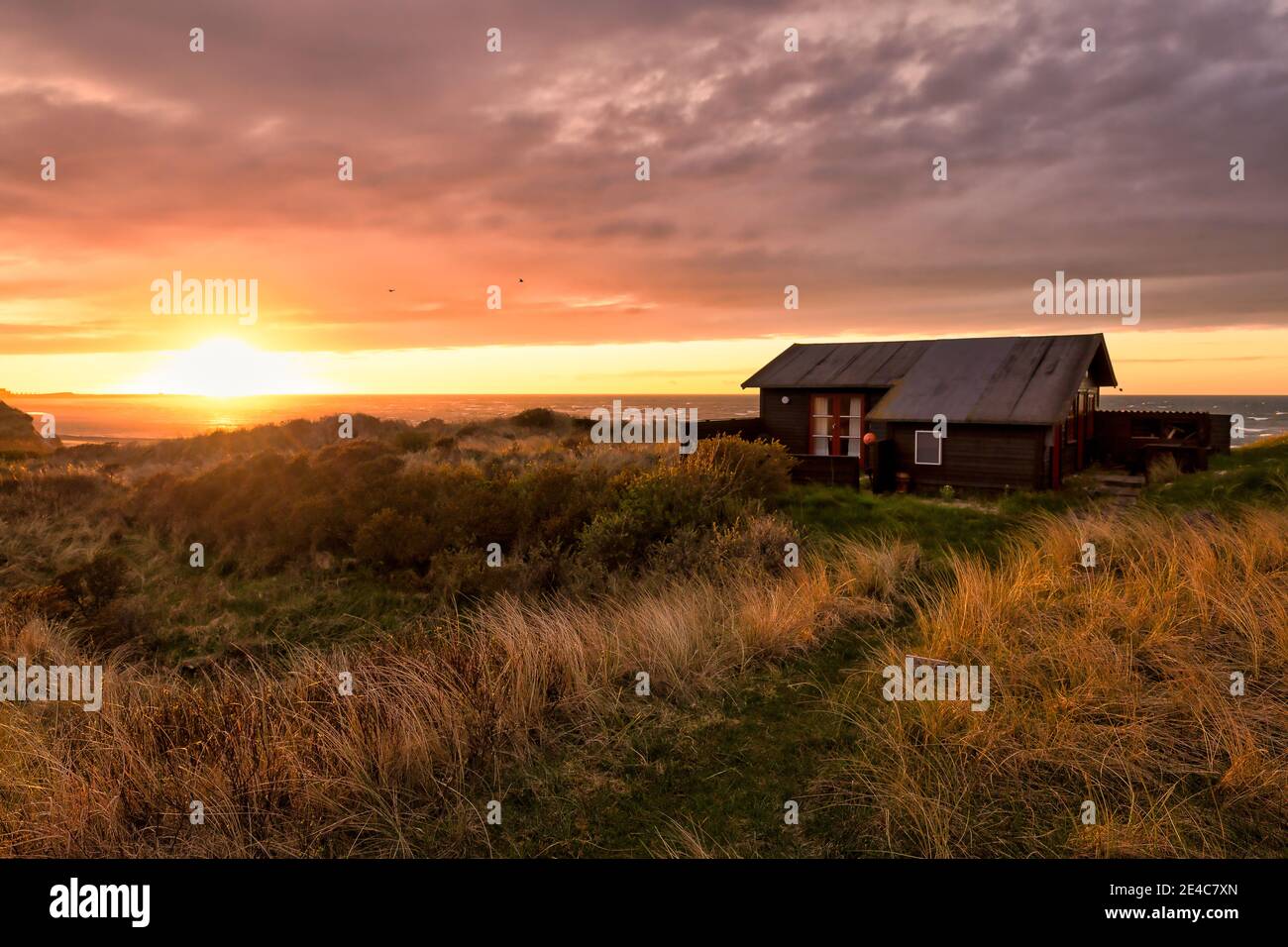 Maison dans les dunes au coucher du soleil sur une plage près de Hirtshals. Banque D'Images