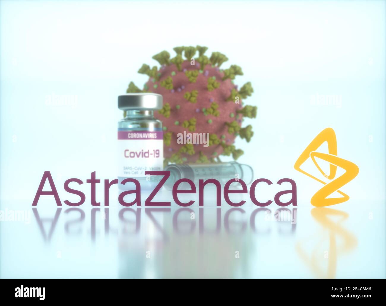 AstraZeneca Vaccine, image conceptuelle pour la découverte d'un vaccin contre le Covid-19, le coronavirus, le 2019-nCoV, le COV-SRAS-2. Illustration 3D. Banque D'Images