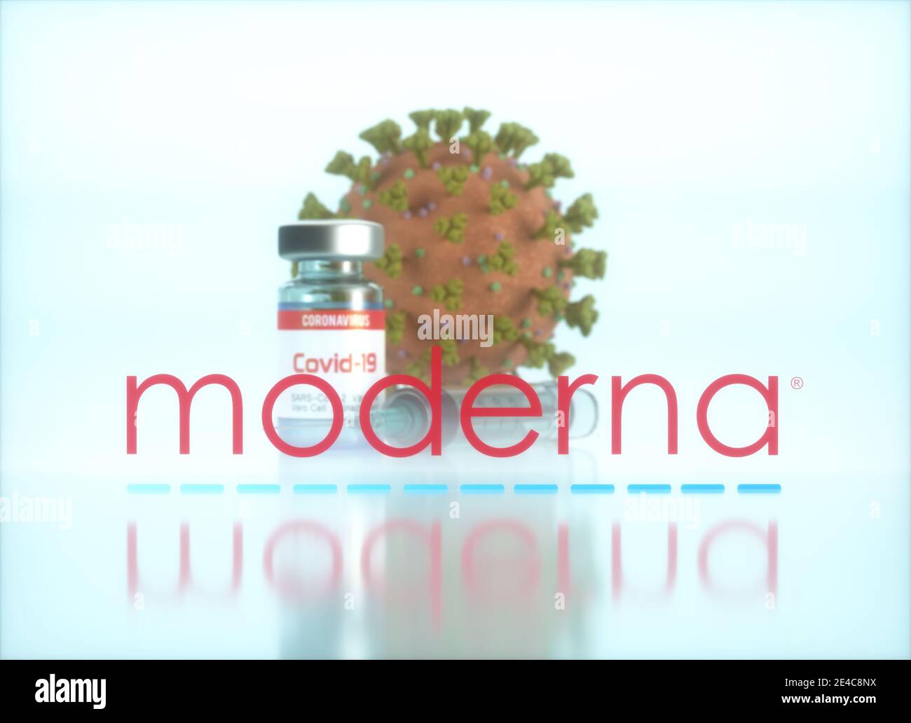 Moderna Vaccine, image conceptuelle pour la découverte d'un vaccin contre le Covid-19, le coronavirus, le 2019-nCoV, le COV-SRAS-2. Illustration 3D. Banque D'Images