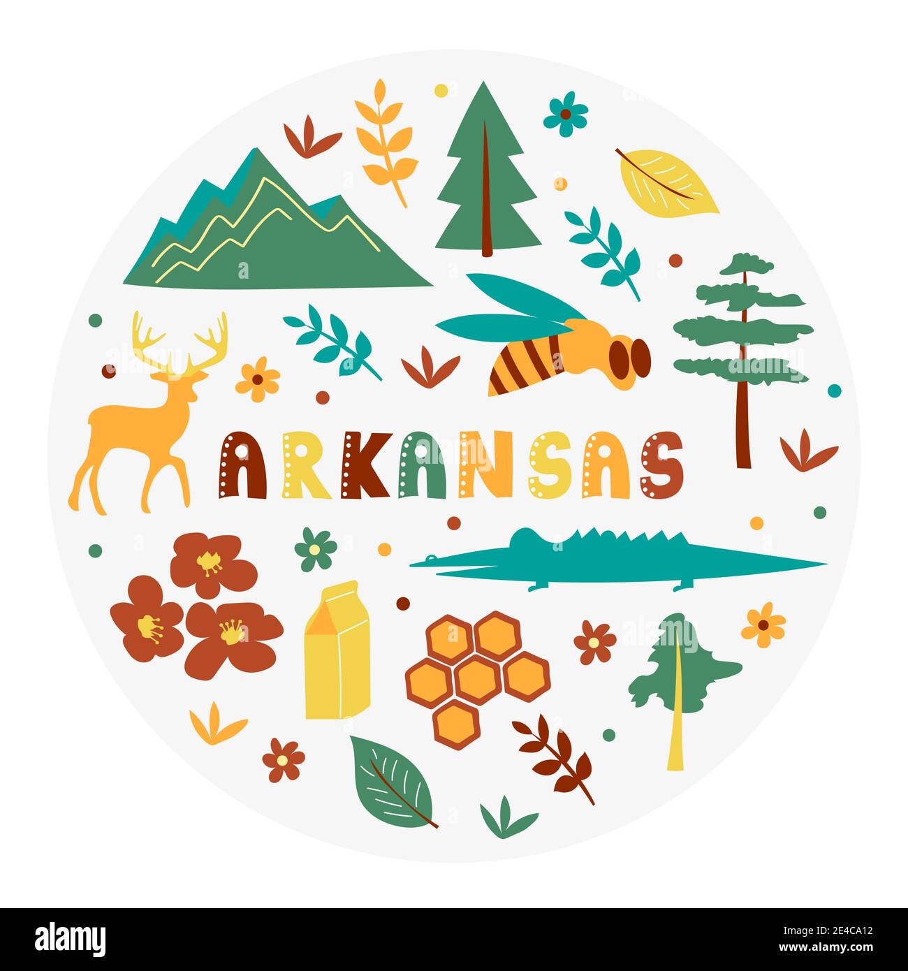Collection USA. Illustration vectorielle du thème Arkansas. Symboles d'état - forme arrondie Illustration de Vecteur
