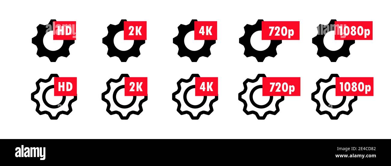 Engrenages avec des signes de qualité. Symbole de qualité vidéo HD, 2K, 4K, 720p, icône 1080p Illustration de Vecteur