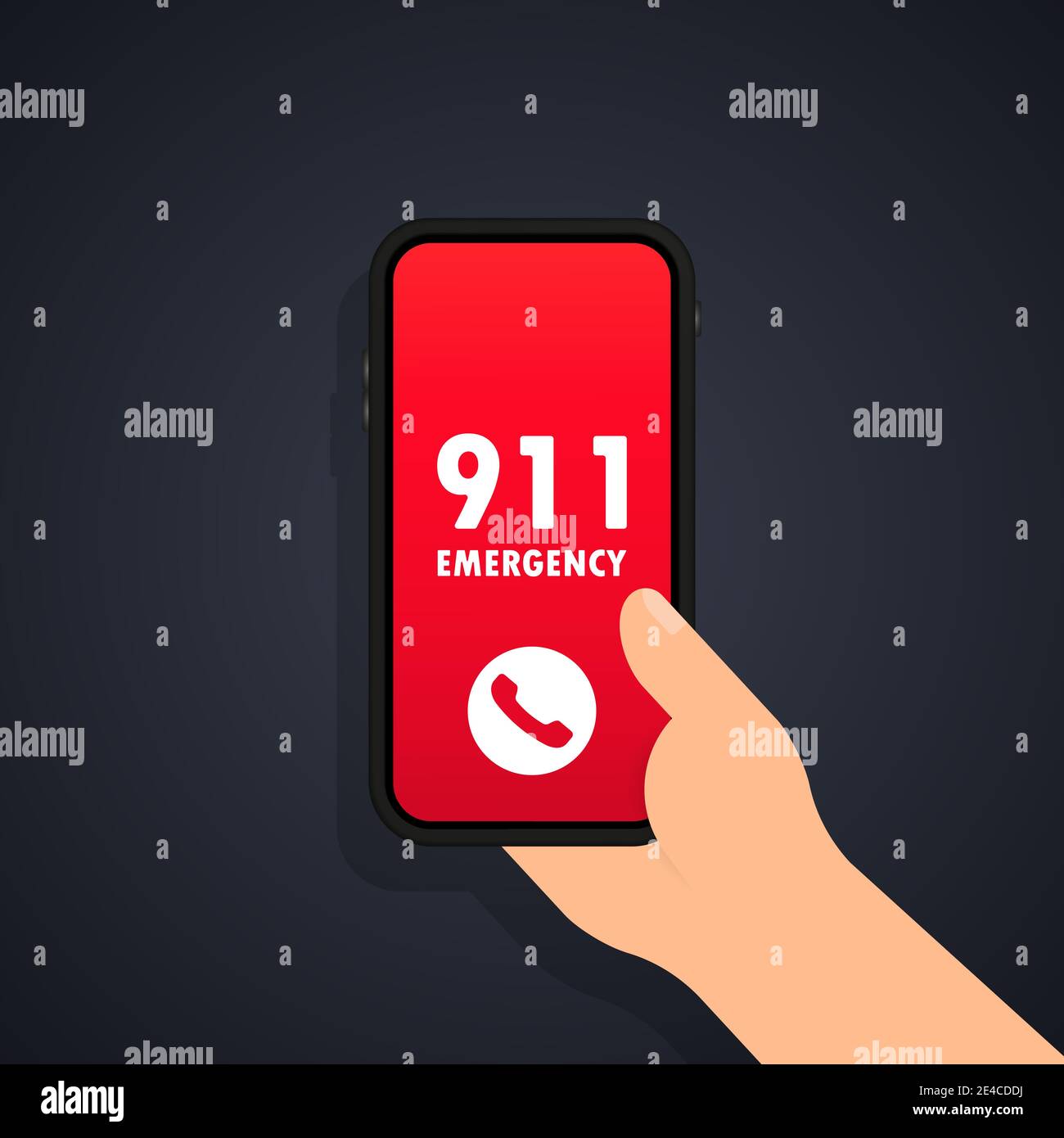 Icône appel 911. Concept d'appel d'urgence. Main tenant le smartphone, doigt appuyant sur le bouton d'appel appel 911. Conception à plat vectorielle. Téléphone portable. Appuyez sur s Illustration de Vecteur