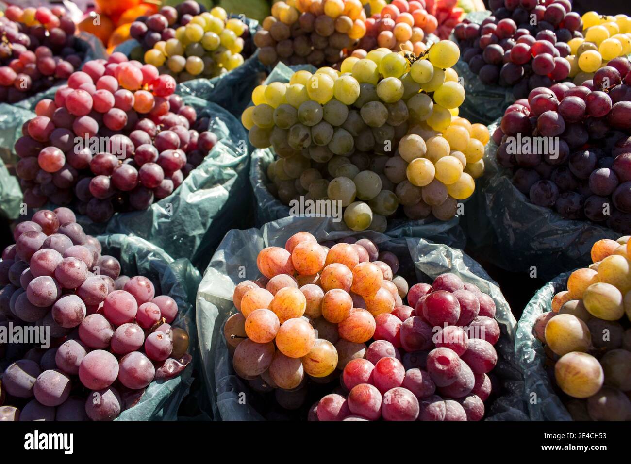 Des piles de raisins verts et rouges/violets exposées en plein air avec le soleil éclairant les fruits qui se vendent sur un marché. Banque D'Images