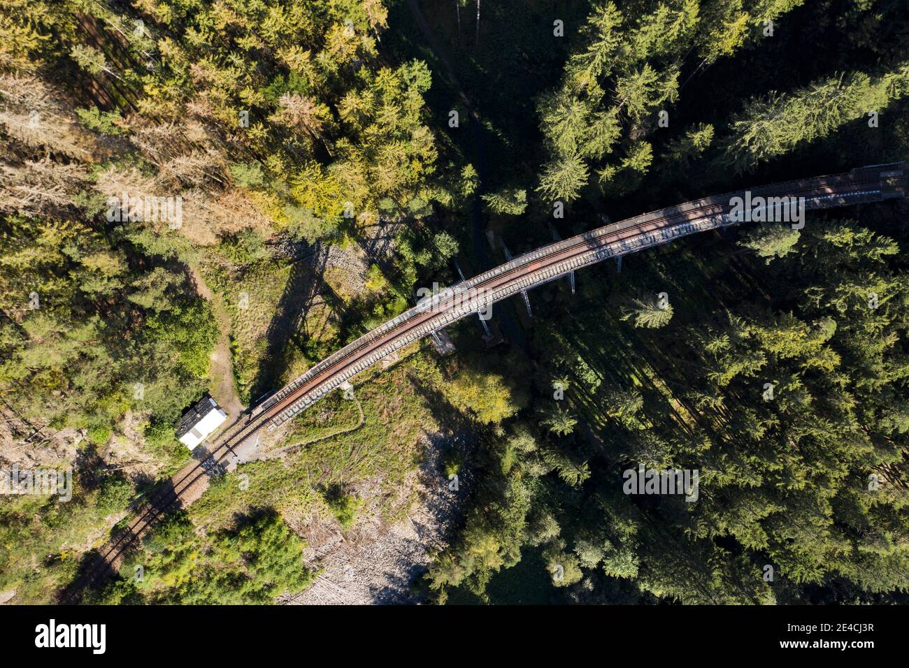 Pont de chemin de fer, forêt, vue de dessus, vue aérienne Banque D'Images