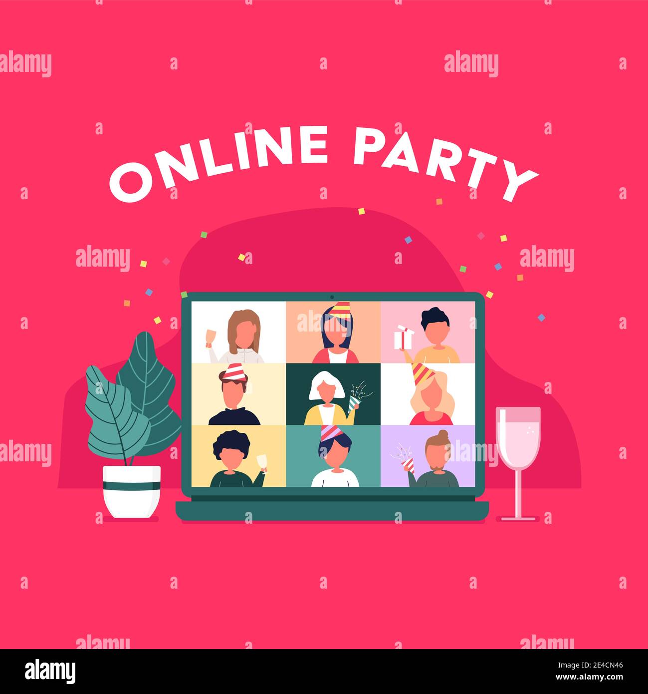 Faites la fête depuis votre domicile. Réunion de personnes en ligne vidéo conférence sur un ordinateur les vacances de Noël. Fête en ligne de Noël. Heureux amis célébrant la nouvelle année Illustration de Vecteur