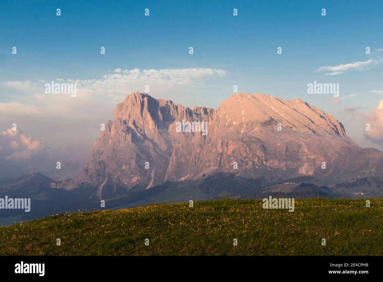 Italie, Tyrol du Sud, les Dolomites, Alm Seiser, Langkofel et Plattkofel au crépuscule Banque D'Images