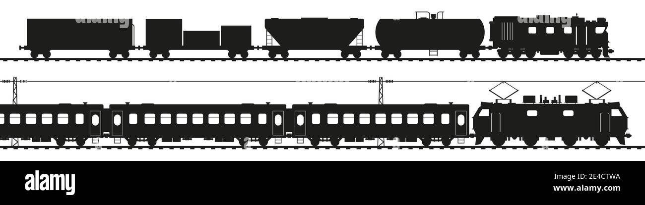 Train de marchandises avec locomotive diesel, train de voyageurs avec locomotive électrique. Silhouette noire isolée sur blanc. Art vecteur transport ferroviaire Illustration de Vecteur