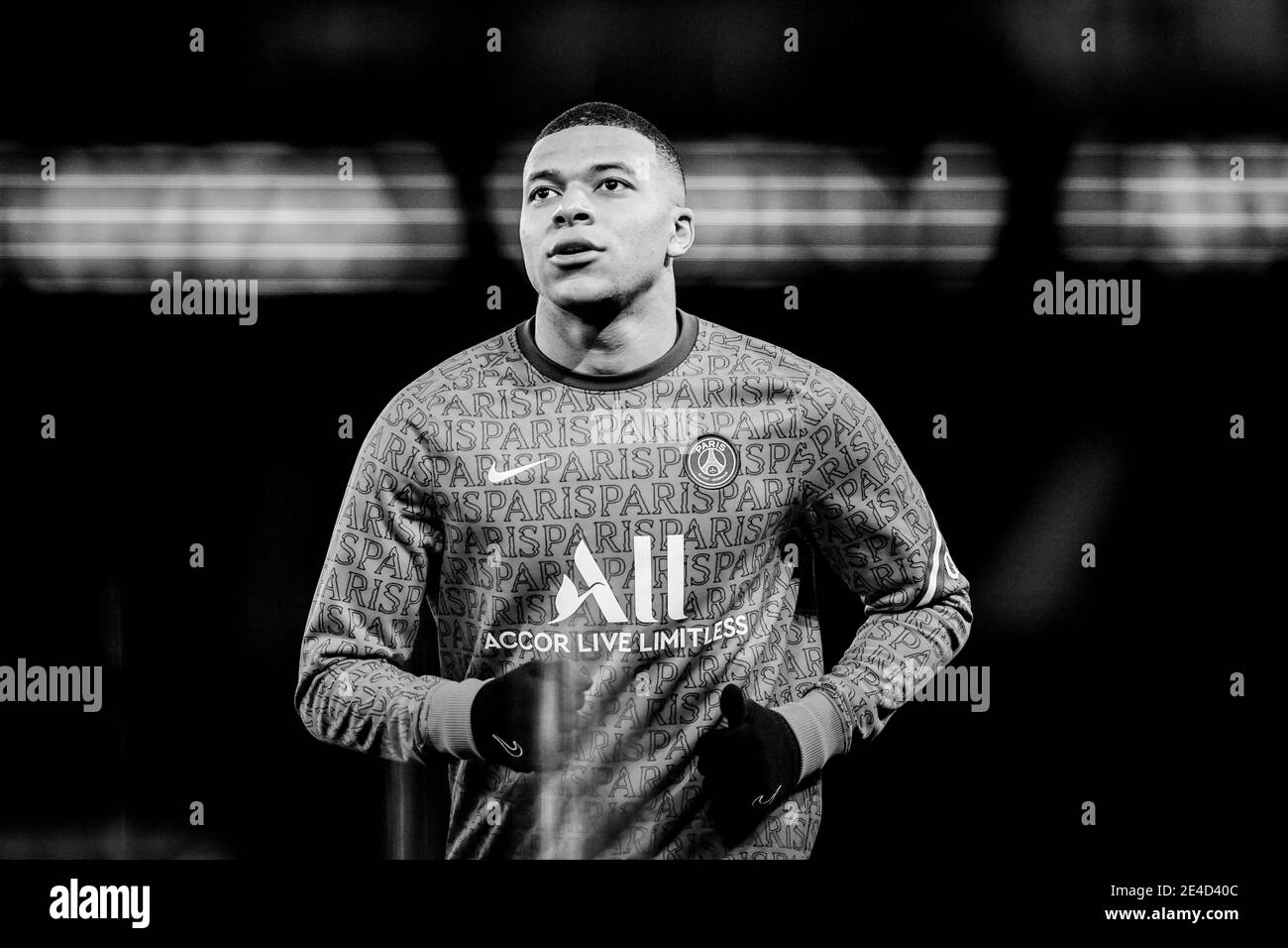 Kylian Mbappe (PSG) lors de l'échauffement de la Ligue française 1 Paris Saint Germain (PSG) contre Montpellier (MHSC) au Parc des Prince, à Paris, France, le 22 janvier 2021. Photo de Julien Poupart/ABACAPRESS.COM Banque D'Images