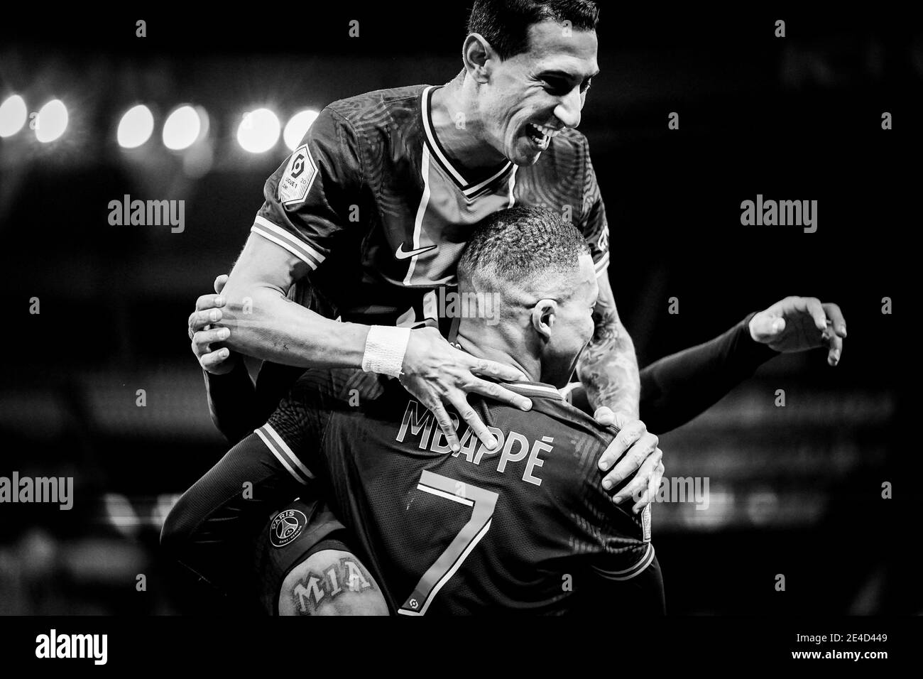 Angel Di Maria (PSG) célèbre le premier but de Kylian Mbappe (PSG) lors du match de football de la Ligue française 1 Paris Saint Germain (PSG) contre Montpellier (MHSC) au Parc des Prince, à Paris, France, le 22 janvier 2021. Photo de Julien Poupart/ABACAPRESS.COM Banque D'Images