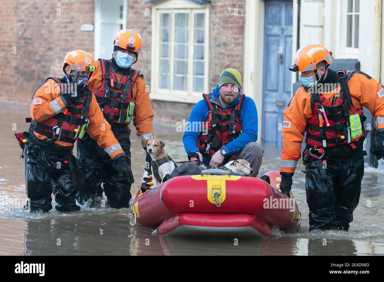 Bewdley, Worcestershire, Royaume-Uni. 23 janvier 2021. Le matin suivant la rupture partielle des défenses contre les inondations sur la rivière Severn à Bewdley, dans le Worcestershire, l'équipe de secours d'urgence sauve une paire de terriens et leur propriétaire. Les chiens, Eddie et Poppy, ont été sauvés par le sauvetage, tout comme leur propriétaire. Le Severn est toujours en hausse et devrait culminer plus tard aujourd'hui. Crédit : Peter Lophan/Alay Live News Banque D'Images