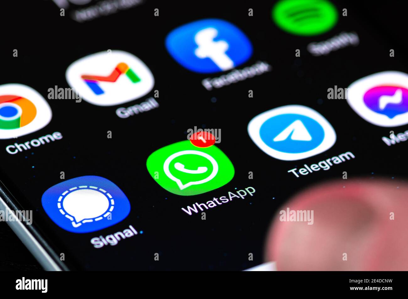 Application WhatsApp avec signal, Messenger et application Telegram affichées sur le smartphone avec notification rouge avec le doigt Banque D'Images