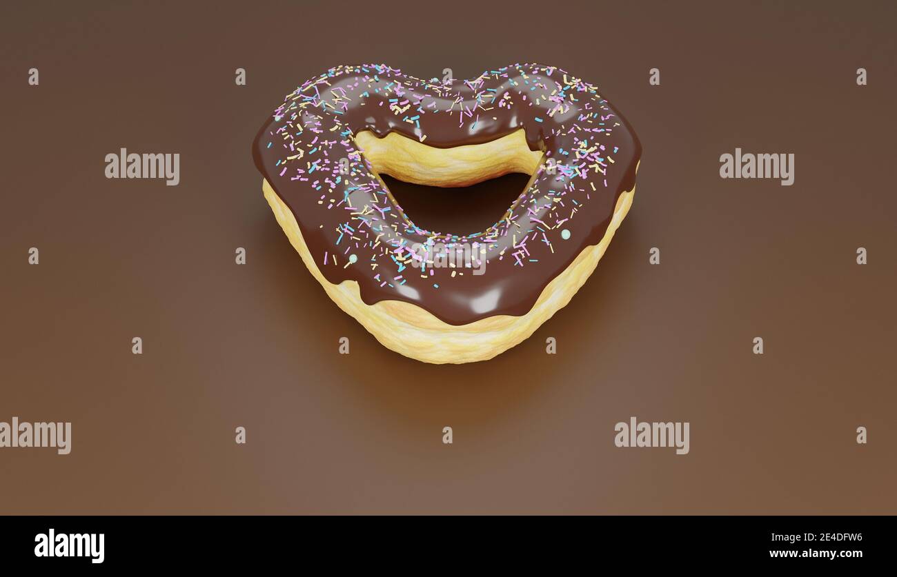 donut en forme de coeur recouvert de chocolat et confetti de couleur sur fond de couleur chocolat . rendu 3d Banque D'Images