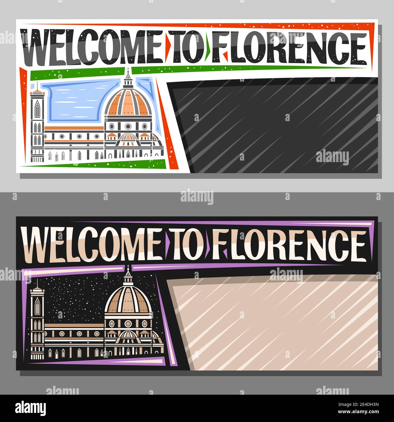 Mises en page vectorielles pour Florence avec espace de copie, bon décoratif avec illustration du paysage de la ville de florence sur fond de ciel de jour et de crépuscule, art d Illustration de Vecteur