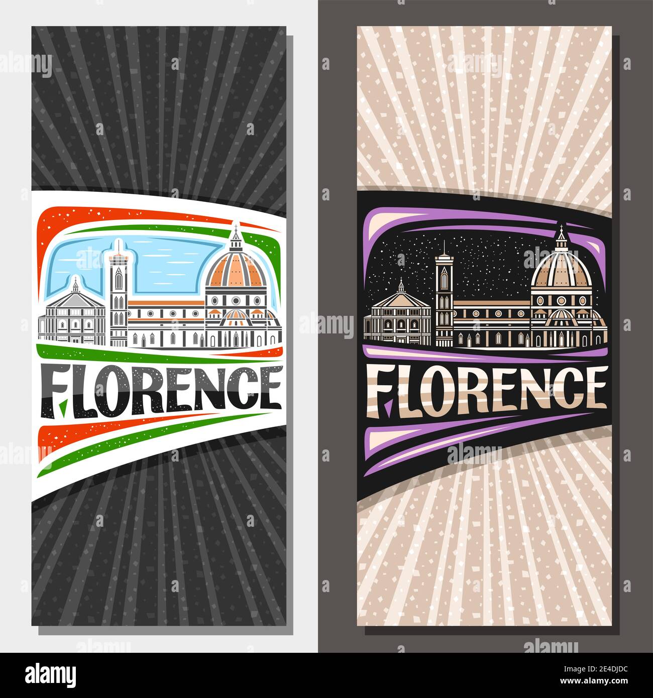 Mises en page verticales vectorielles pour Florence, brochure décorative avec illustration du paysage de la ville de florence sur fond de ciel de jour et de crépuscule, art design t Illustration de Vecteur