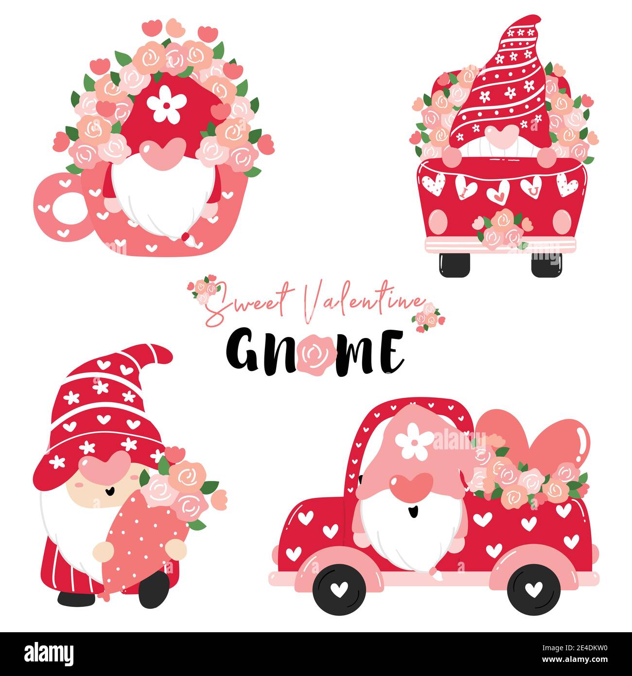 Sweet Valentine Gnome en rose avec collection de fleurs, Valentine dessin animé plat vecteur, Valentin clipart ensemble. Illustration de Vecteur