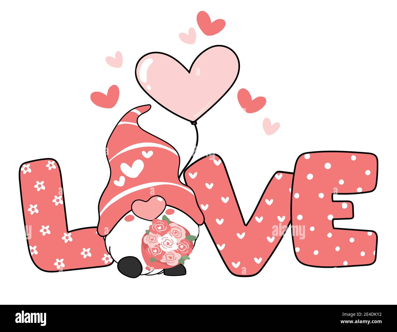 Valentin Gnome avec LETTRE D'AMOUR et ballon de coeur, rose valentine gnome dessin animé Doodle vecteur Illustration de Vecteur