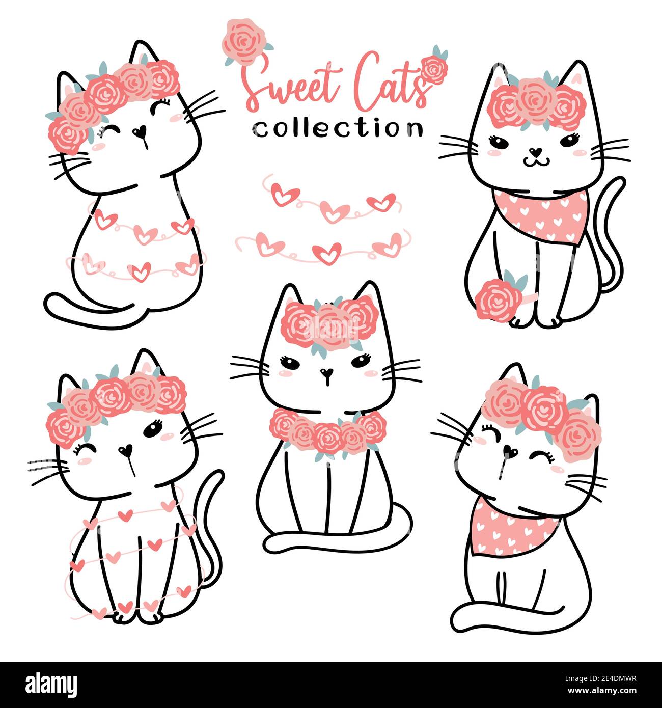 Adorable collection de chats de la Saint-Valentin, dessin animé plat pour la Saint-Valentin amour, doux chat blanc avec fleur rose Illustration de Vecteur