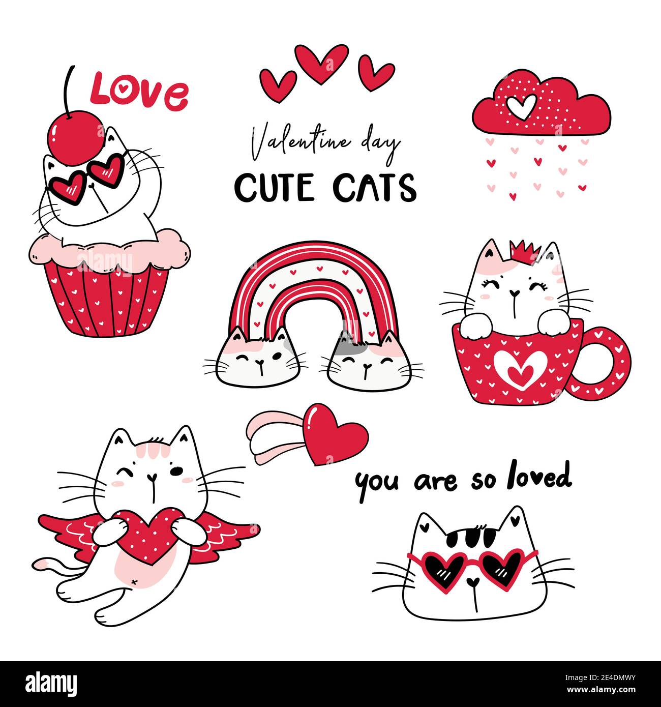 Adorable chat rouge Saint-Valentin caricature collection de vecteur, valentine clipart ensemble, dessin de chat doodle en rouge Illustration de Vecteur
