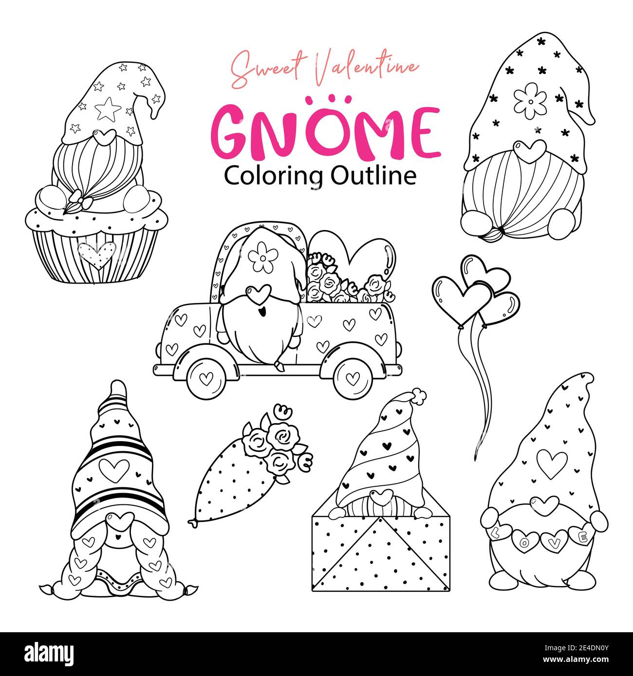 Adorable collection de coloriage de Gnome de Saint-Valentin, ensemble de timbres numériques de Saint-Valentin, ensemble de dessin de nain de dessin de dessin de dessins animés de Gnome Illustration de Vecteur