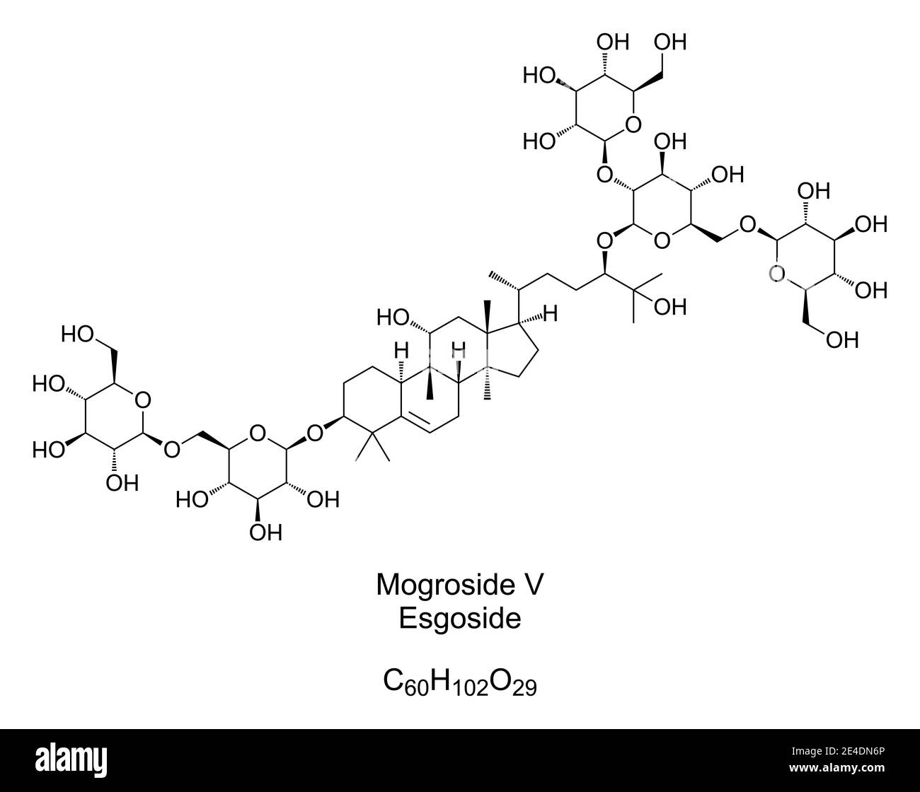 Mogroside V, esgoside, formule chimique et structure. Composant principal de l'extrait de fruit de moine, utilisé comme édulcorant et succédané de sucre. Banque D'Images