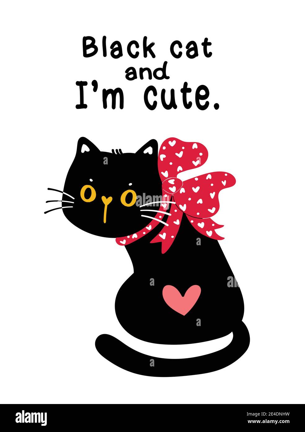mignon valentine chat chaton noir avec ruban rouge noeud vacances cadeau avec idée typographique pour l'impression de cartes de vœux Illustration de Vecteur