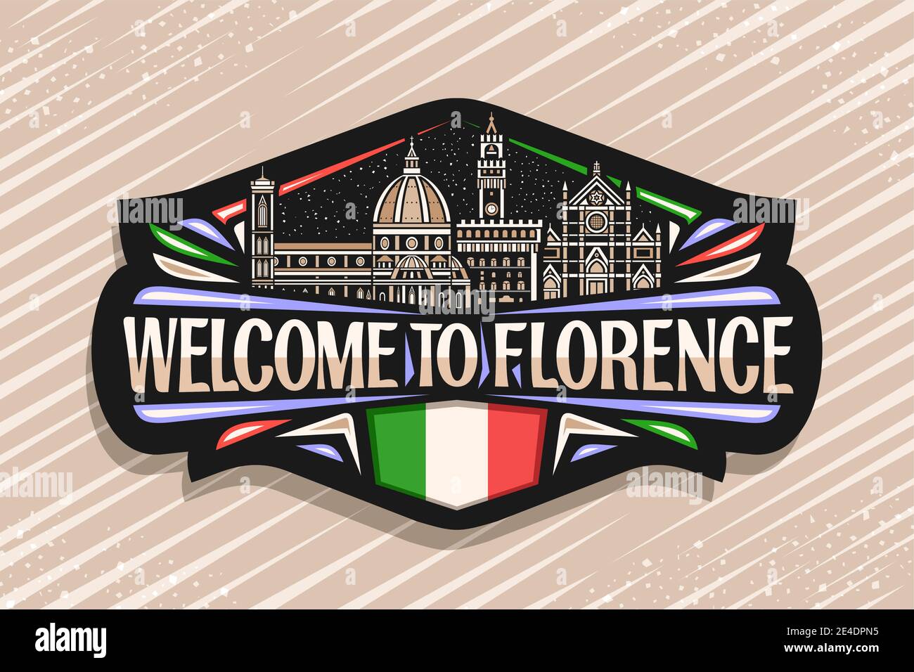 Étiquette vectorielle pour Florence, étiquette décorative noire avec illustration de la célèbre ville de florence sur fond de ciel crépuscule, réfrigérateur design d'art magn Illustration de Vecteur