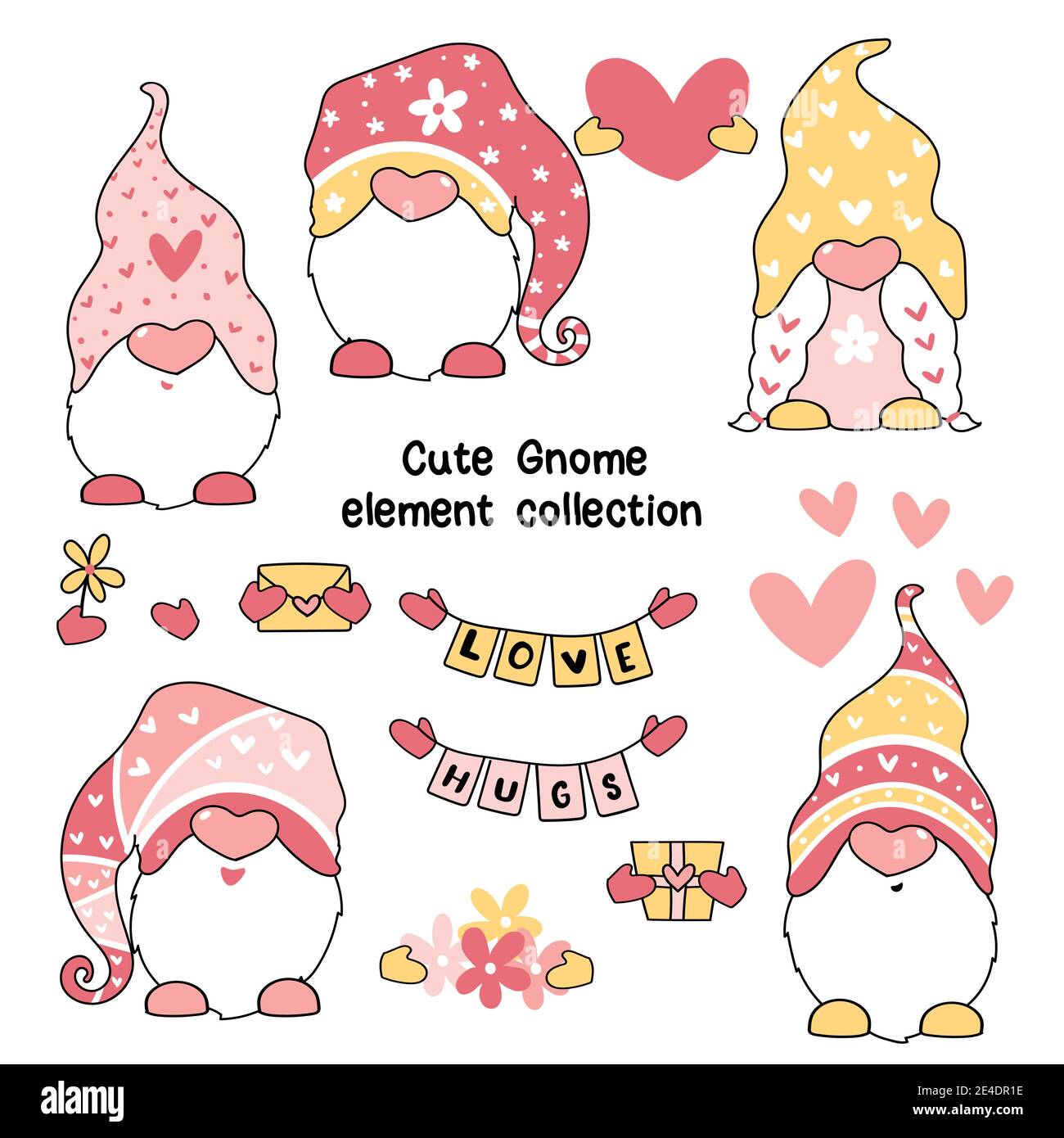 Adorable Gnome de Saint-Valentin en rose et jaune clip art éléments ensemble, pour carte de voeux, pépinière imprimable, sous-traitance Illustration de Vecteur