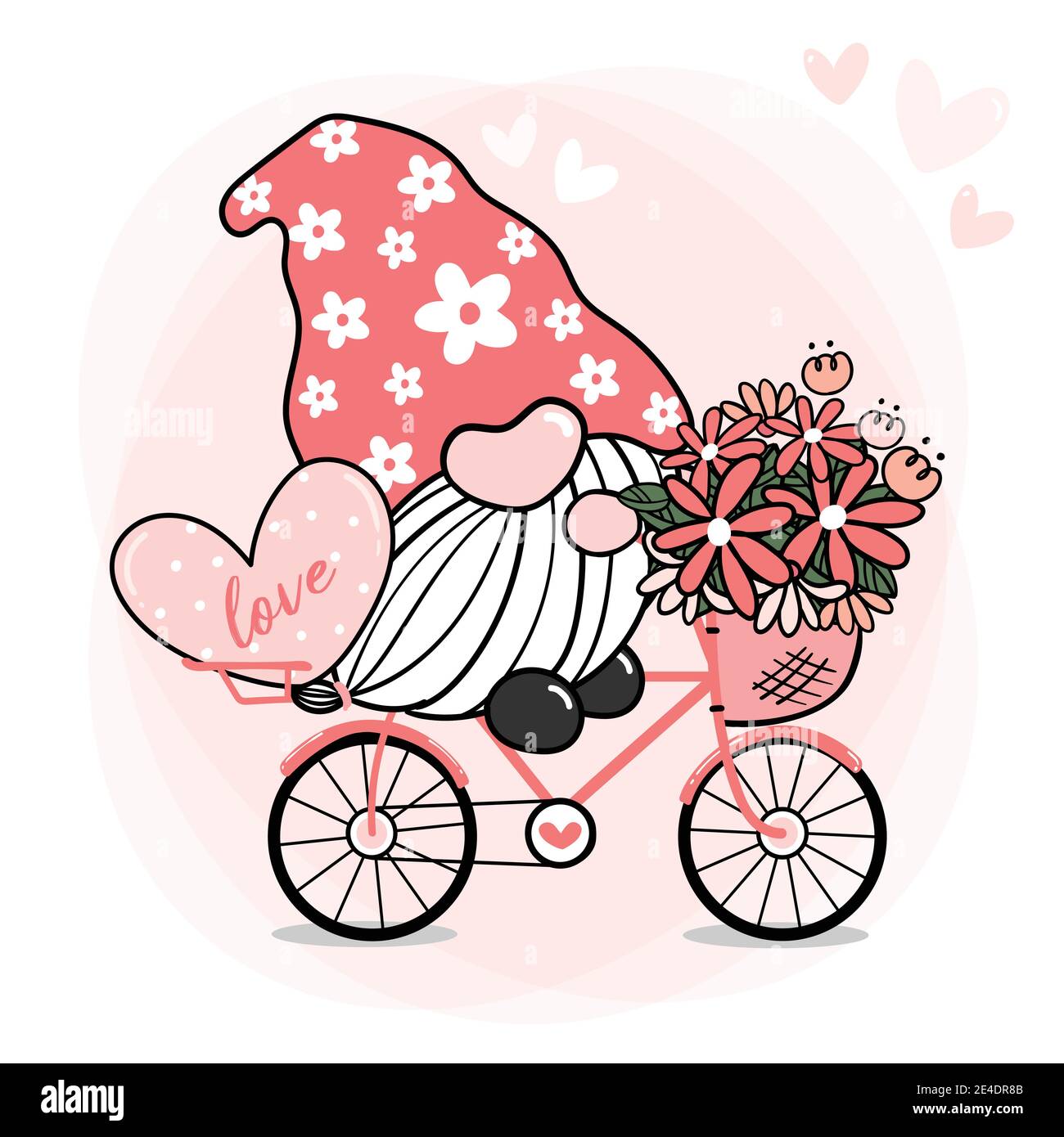 Adorable Gnome rose doux Valentin sur vélo avec fleur et coeur, dessin animé Doodle vecteur, Gnome dans l'amour sur vélo Illustration de Vecteur