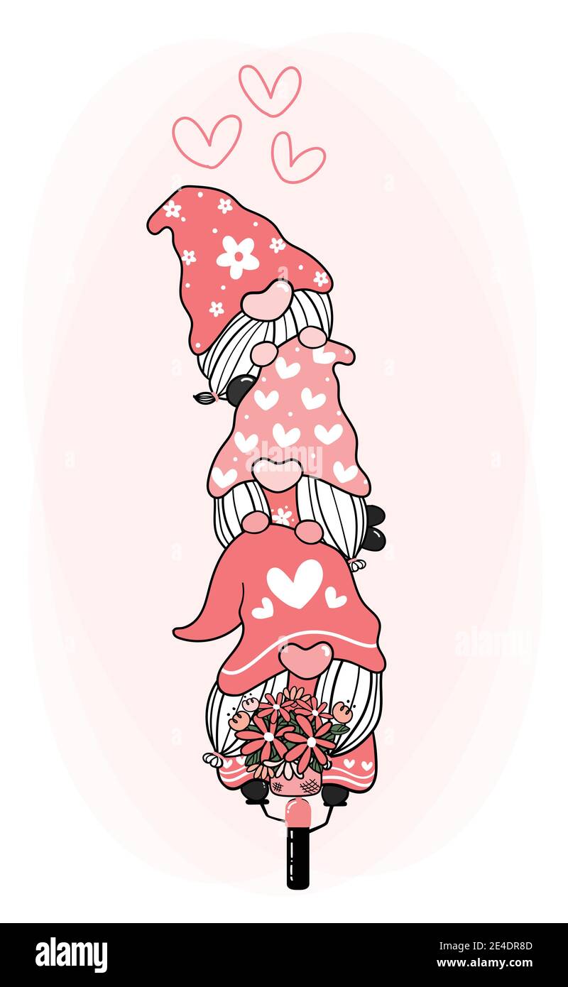 Joli gnome heureux doux sur vélo de fleur avec coeur, amour Saint-Valentin gnome dessin animé vecteur pour t-shirt imprimé, carte de voeux, imprimé de pépinière Illustration de Vecteur
