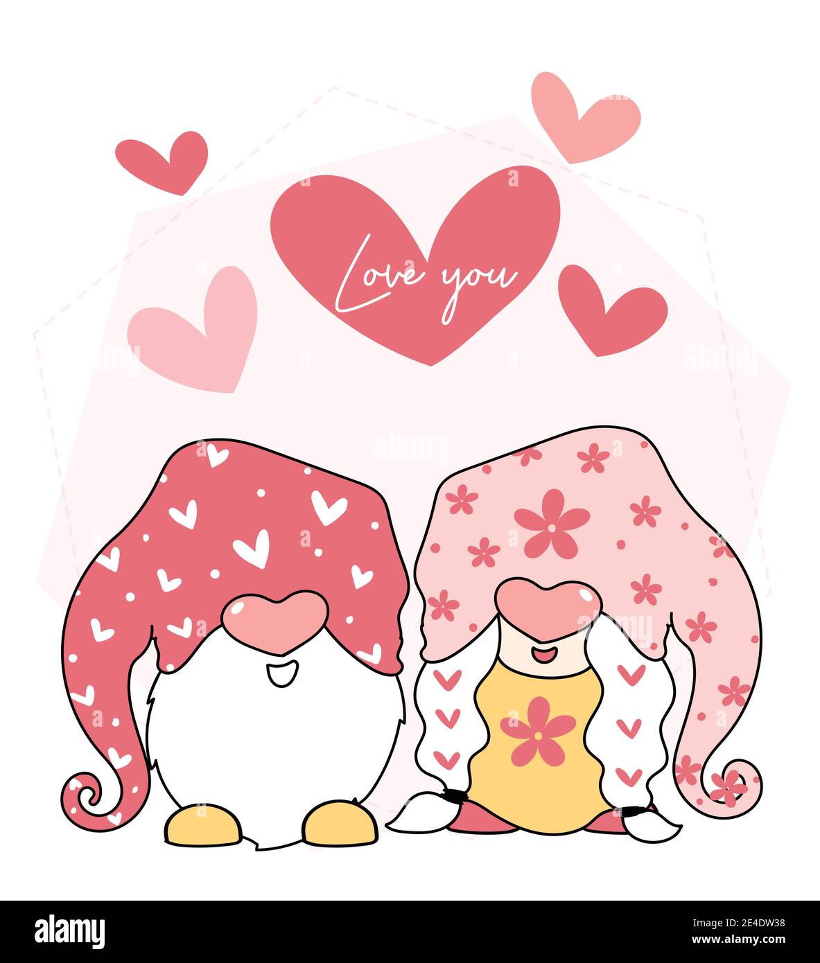 Adorable ensemble d'amour de Gnome de Saint-Valentin, avec ballon de coeur, lettre d'amour, dessin animé à vecteur plat Illustration de Vecteur