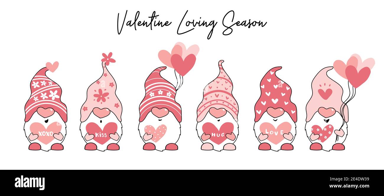 Adorable Gnome de Saint-Valentin en rose avec ballon de coeur et lettre, dessin animé à vecteur plat Illustration de Vecteur
