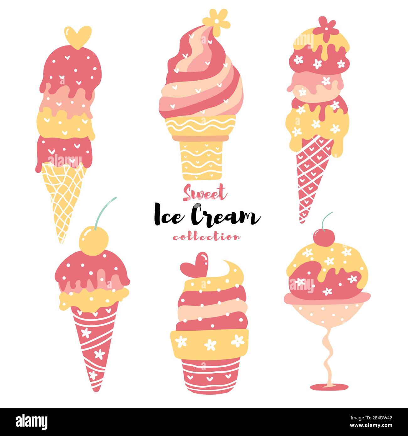 Collection Valentine Sweet Ice Cream Flat Vector, illustration rose et jaune originaux Illustration de Vecteur