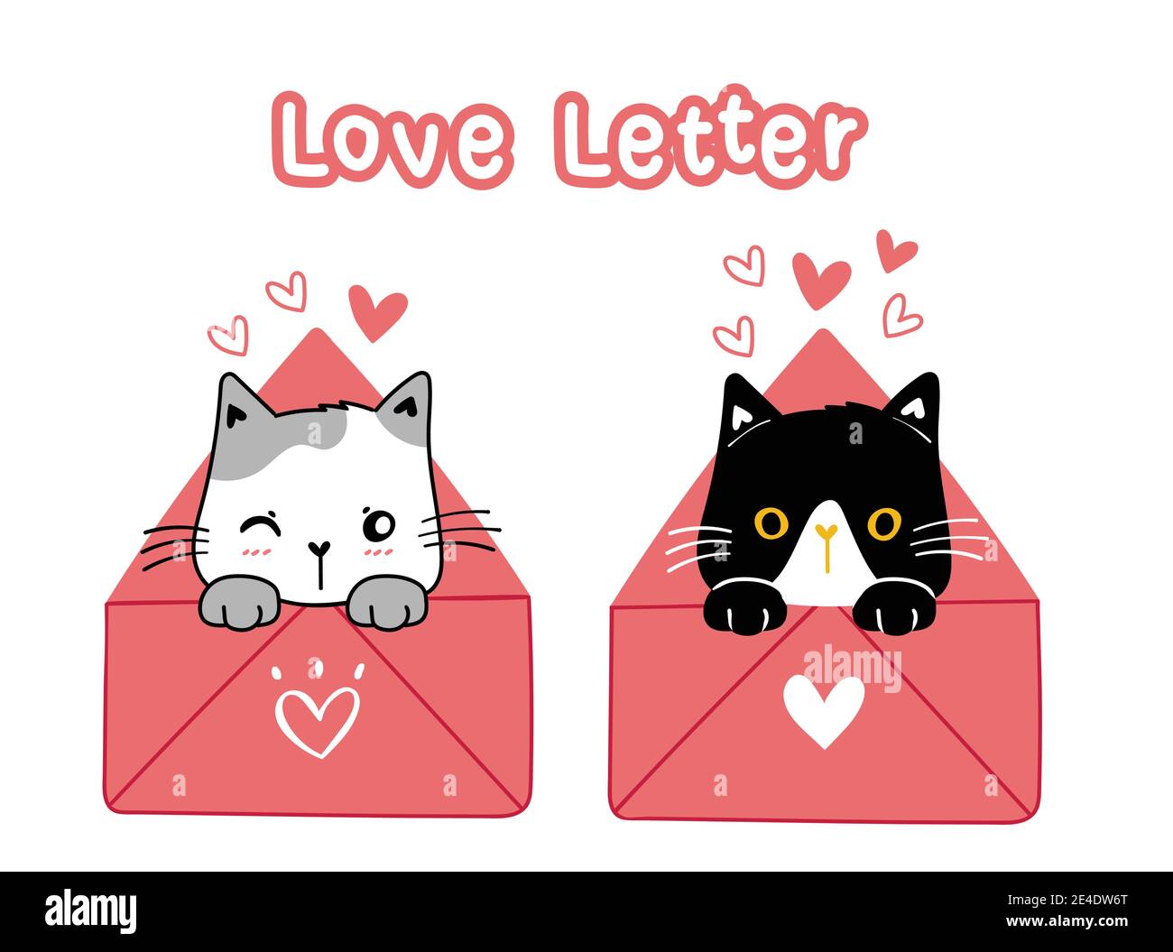 mignon valentine chat noir et blanc en rose lettre d'amour, dessin animé illustration doodle main dessiné vecteur Illustration de Vecteur